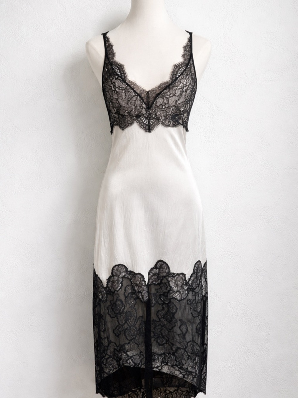 Zara Satin Lace Slip Dress XS Ivory Black Lace Midi Fairycore Goth XS